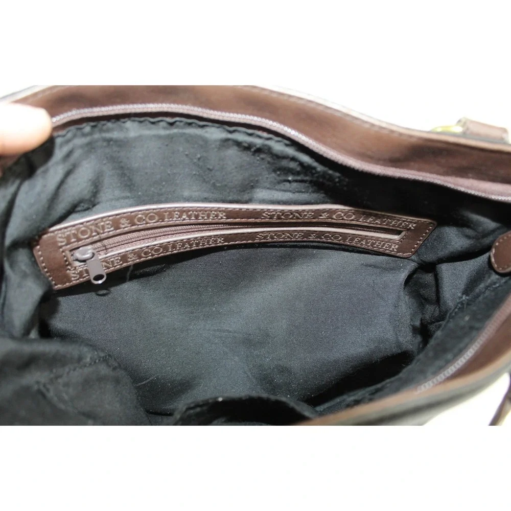 STONE & CO BLACK LEATHER SHOULDER HANDBAG MULTIPLE ZIPPER POCKETS